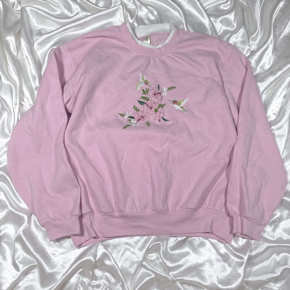 Vintage Sweatshirt Pink Excellent Hummingbird Floral Embroidered Morning Sun L